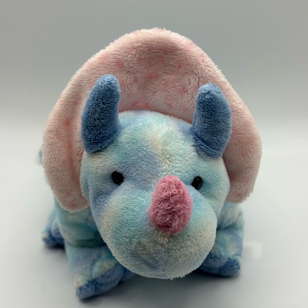 2006 Ty Pluffies Tromps Triceratops Dinosaur Plush Stuffed Toy Tye Dye Blue 12”